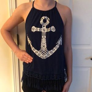 3for$22 Polle du Jour Navy Fringed Anchor top